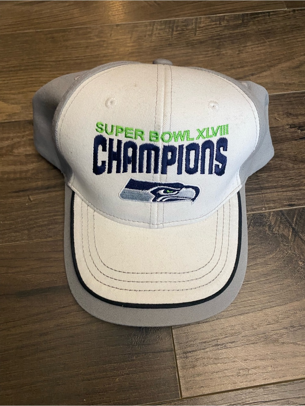NFL White & Gray Super Bowl Champions Cap with Navy & Neon Green Embroidery